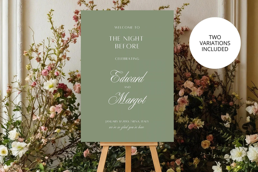 Sage green “The Night Before” wedding rehearsal dinner sign surrounded by romantic garden flowers. Classic serif and calligraphy welcome sign design, with two colour variations included for your wedding eve celebration.