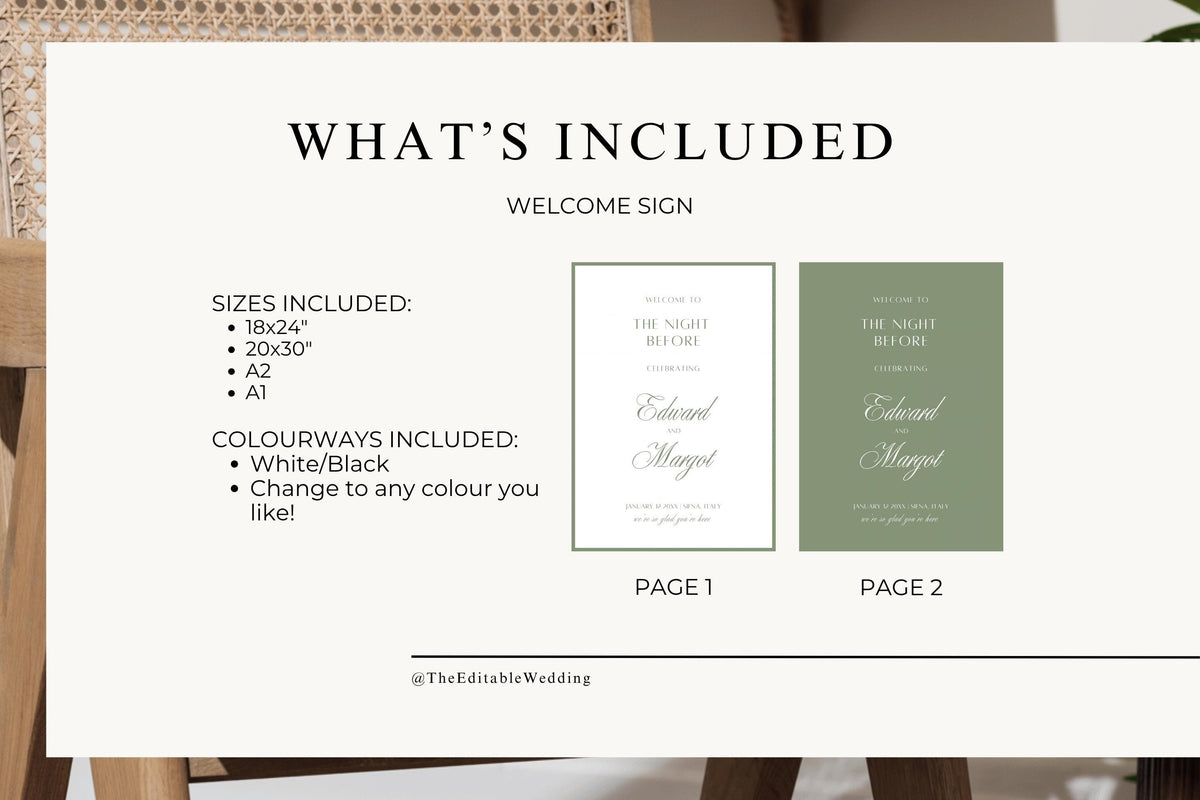 What’s included with the rehearsal dinner welcome sign template, showing the white and sage green design, available print sizes and colour options. Elegant personalised “The Night Before” signage for a pre-wedding celebration.