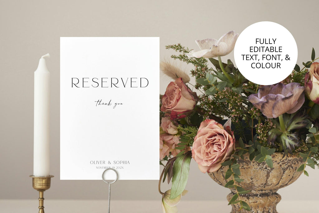 Editable Wedding Reserved Card Template with Floral Mockup, Printable Reserved Seating Sign for Family Rows, Minimalist Canva Wedding Download