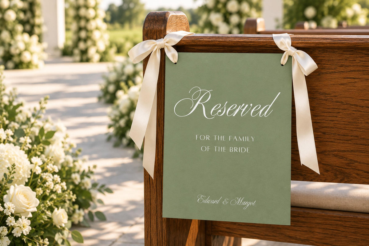 Reserved wedding ceremony seat sign in sage green with white lettering, attached to a wooden chair with ivory ribbon in a garden wedding setting.