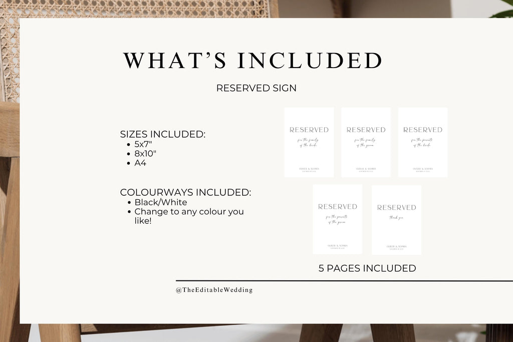 What's Included Wedding Template Bundle Preview, Editable Reserved Wedding Sign Canva Template, Instant Download Printable Wedding Sign Package