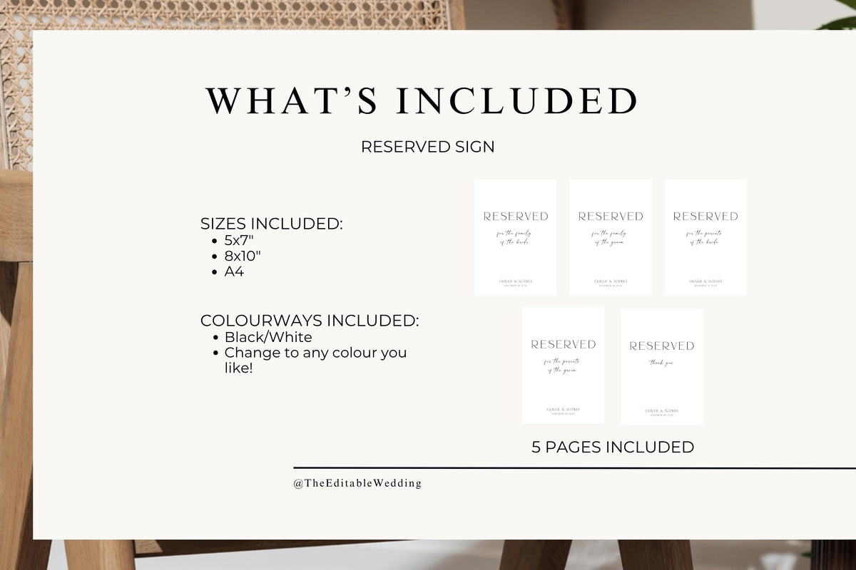 What's Included Wedding Template Bundle Preview, Editable Reserved Wedding Sign Canva Template, Instant Download Printable Wedding Sign Package