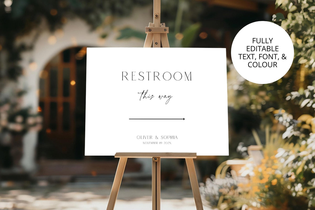 Editable wedding restroom sign template Canva, bathroom this way wedding sign, modern wedding restroom signage, minimalist wedding direction sign printable, elegant wedding bathroom sign, instant download template.