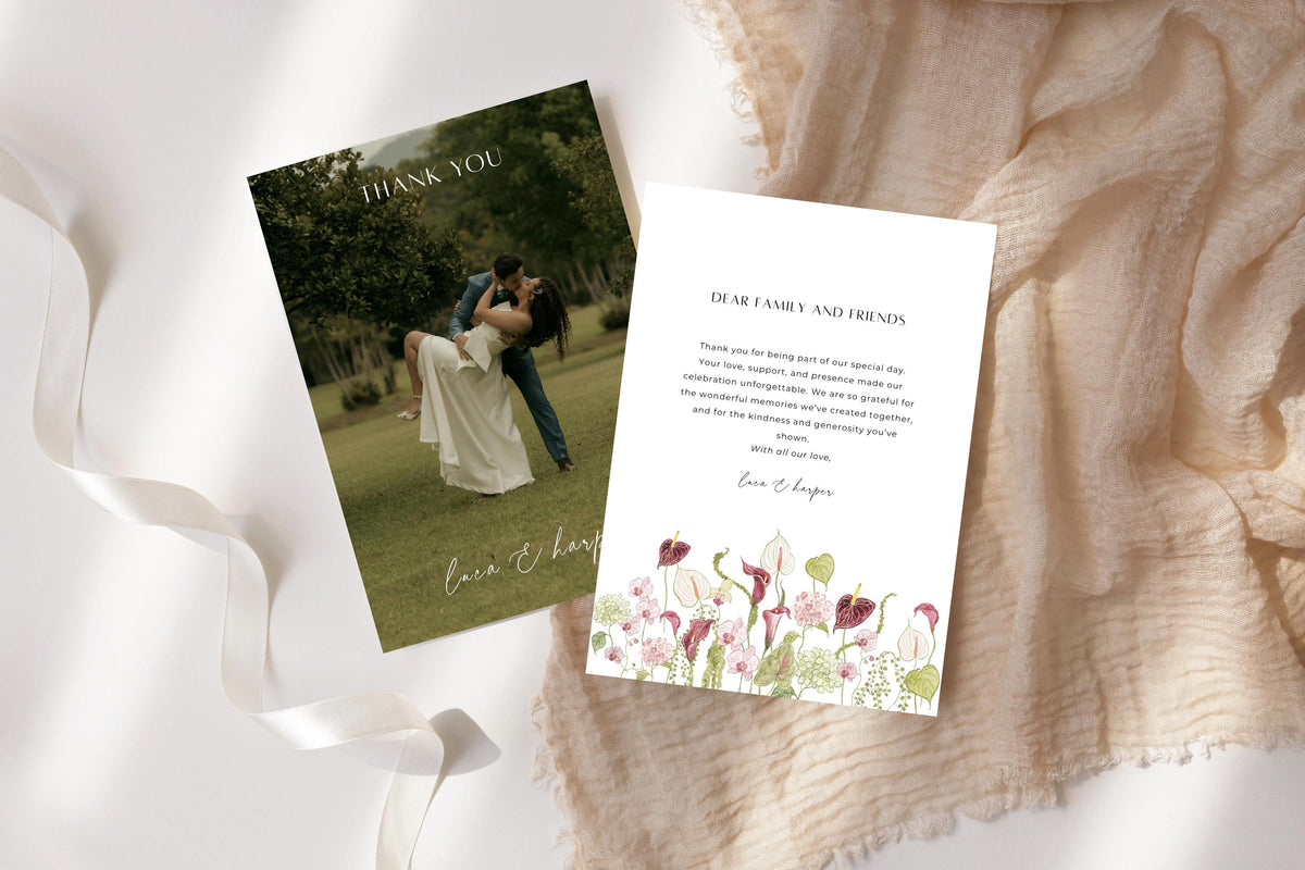 Floral wedding thank you card template with a romantic couple photo front and white thank you message reverse, styled with flowing ivory ribbon and beige fabric. Personalised wedding guest appreciation cards.
