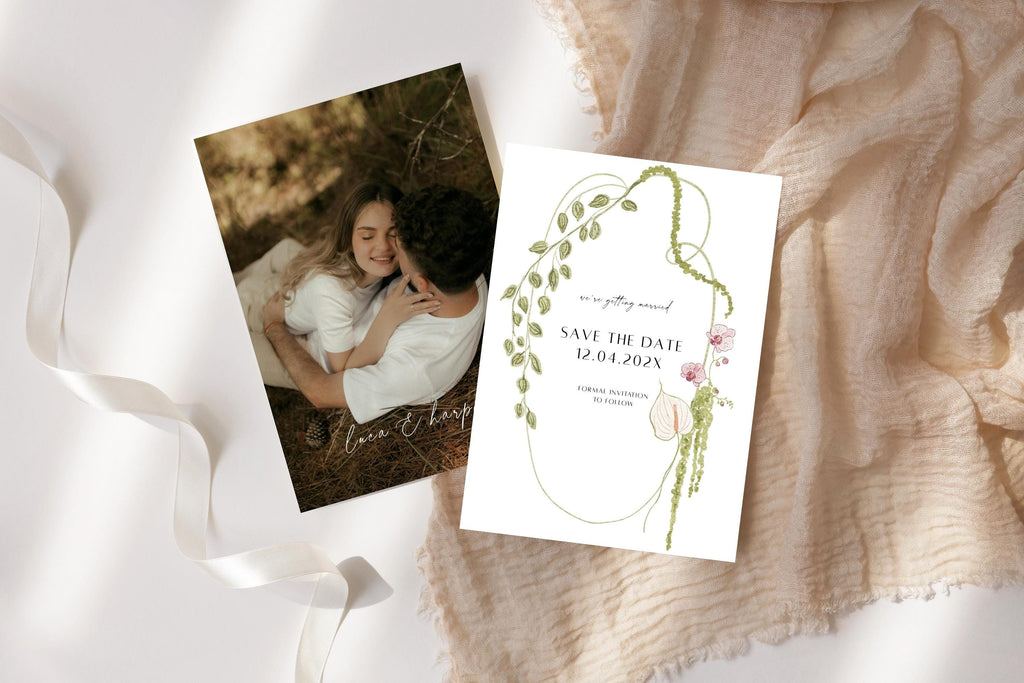 Photo save the date and botanical floral wedding card mockup, romantic editable Canva template for garden, spring or summer wedding stationery