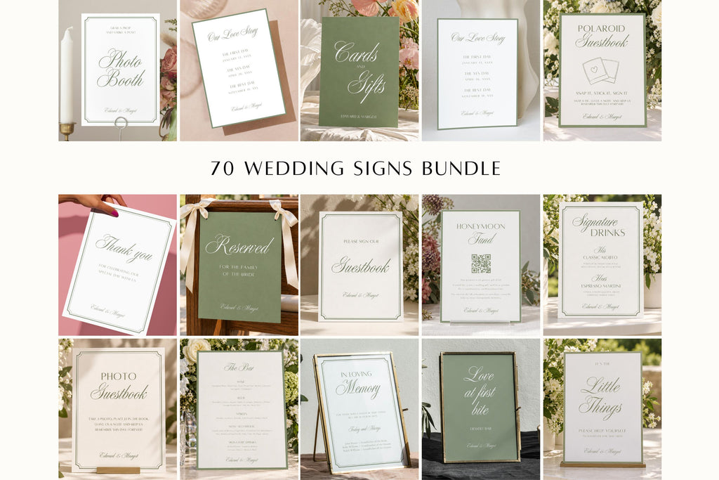 70-piece sage green wedding signs bundle with matching editable wedding signage designs, including welcome signs, menus, seating signs and guestbook signs in a coordinated green and ivory style.