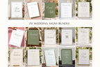 70-piece sage green wedding signs bundle with matching editable wedding signage designs, including welcome signs, menus, seating signs and guestbook signs in a coordinated green and ivory style.