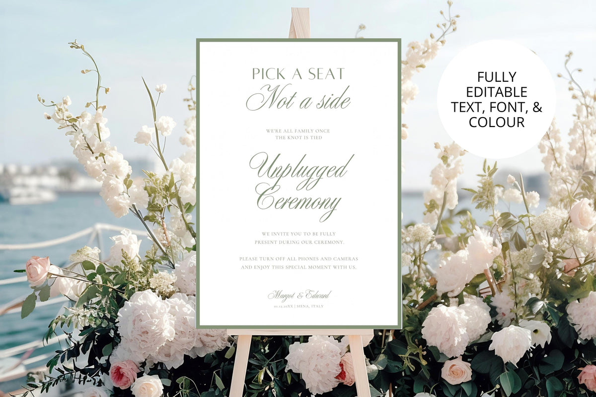 Sage green “Pick a seat, not a side” wedding ceremony sign styled among white flowers by the water, with a graphic noting that the text, font and colour are editable.