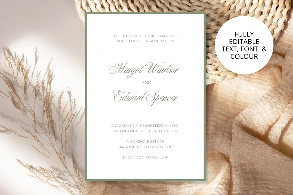 Editable sage green border wedding invitation template with romantic script names and classic serif text, styled beside dried foliage and cream fabric. Listing image highlights editable text, font and colour.