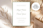 Editable sage green border wedding invitation template with romantic script names and classic serif text, styled beside dried foliage and cream fabric. Listing image highlights editable text, font and colour.