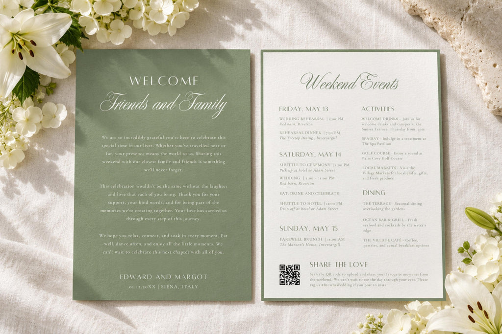 Sage green wedding welcome letter and weekend itinerary template with elegant script lettering, displayed beside white flowers on textured ivory fabric for an old money destination wedding.