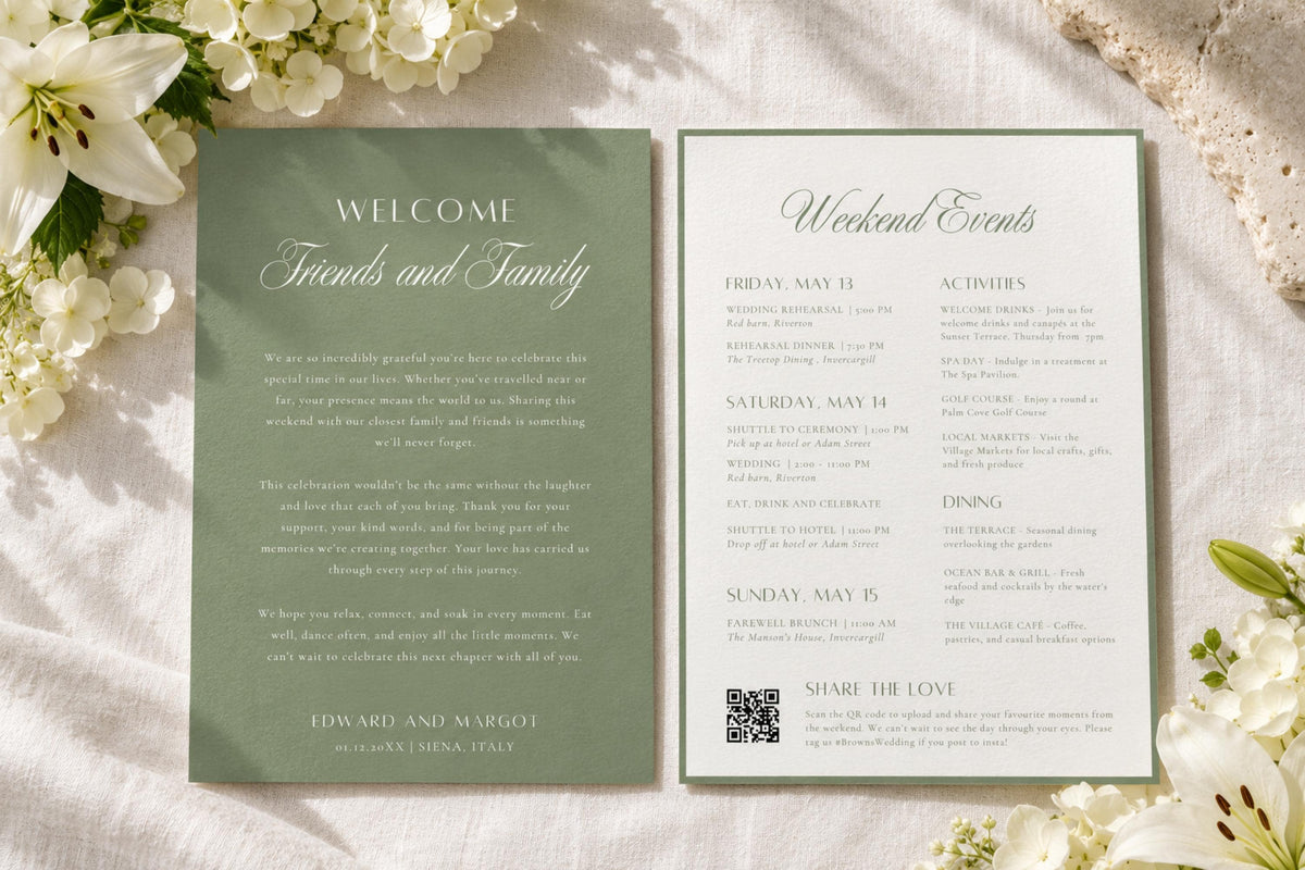 Sage green wedding welcome letter and weekend itinerary template with elegant script lettering, displayed beside white flowers on textured ivory fabric for an old money destination wedding.