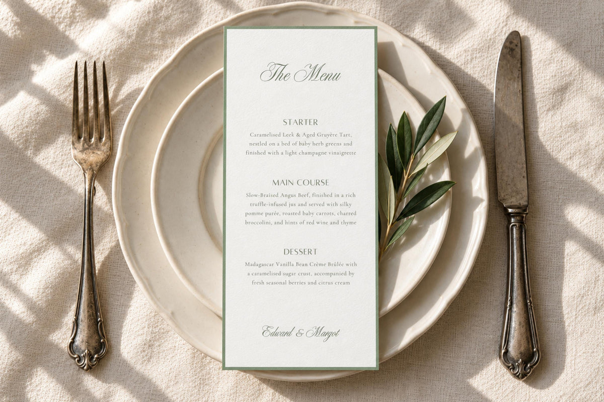 Sage green wedding menu template with elegant script heading and thin green border, styled on ivory plates with an olive sprig, textured linen and vintage cutlery for an old money wedding reception.