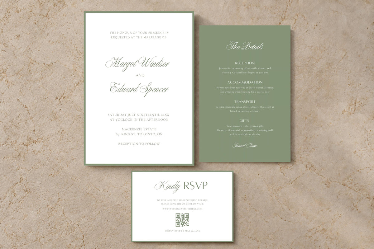 Sage green and white wedding invitation template set with classic script names, thin green borders, matching wedding details card and QR code RSVP, arranged on a neutral stone background.