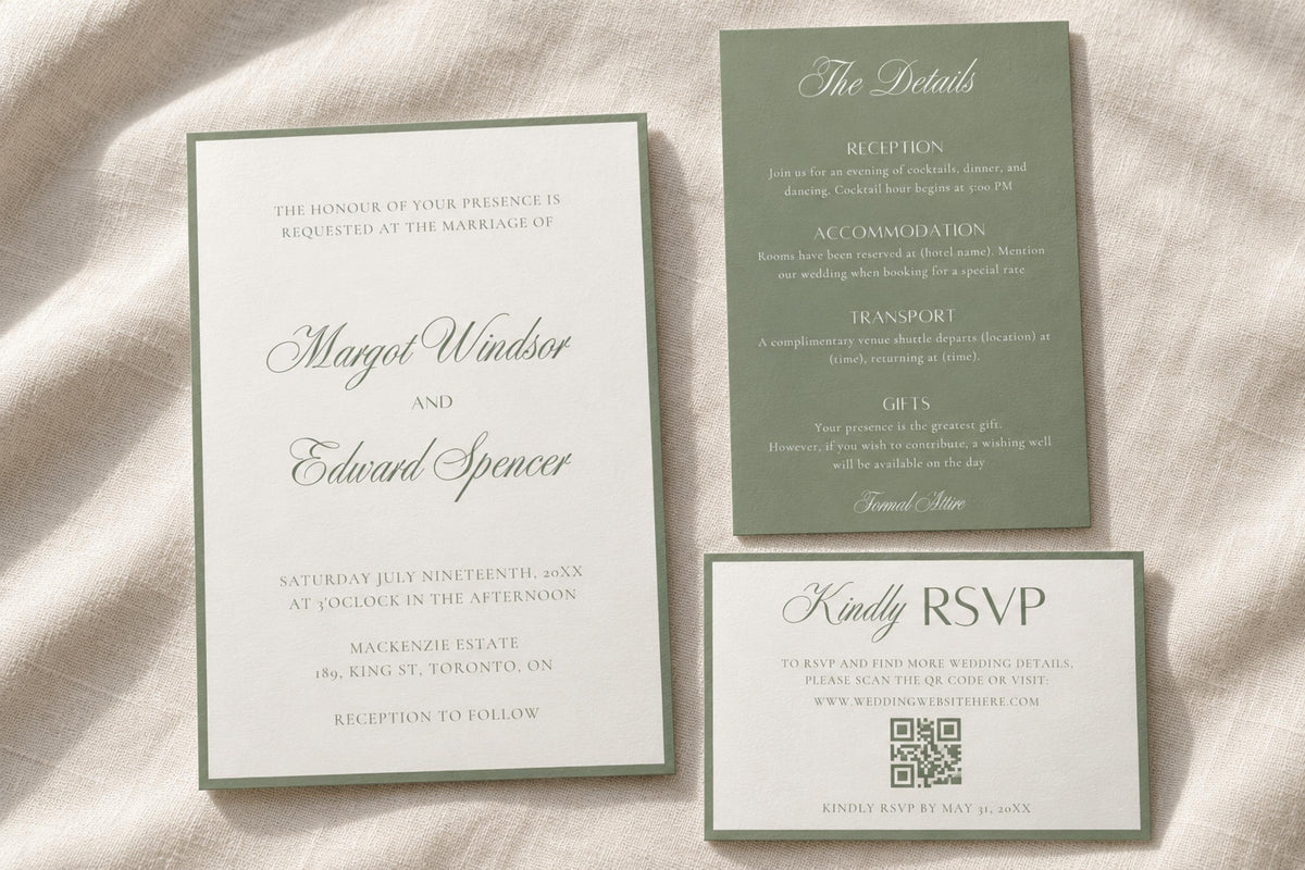 Old money wedding stationery suite featuring a white invitation with sage border, green details card and matching QR code RSVP card, arranged on soft ivory fabric with natural shadows.