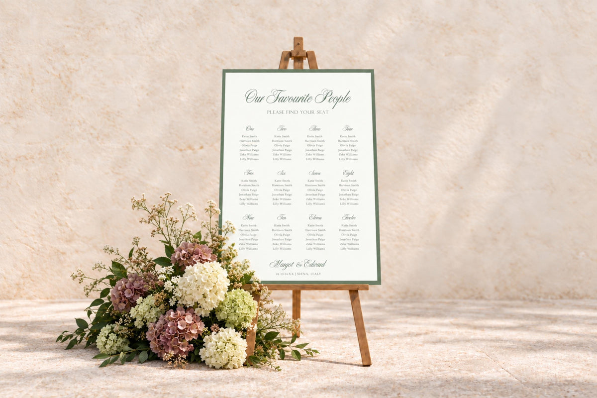 Old money wedding seating chart with sage green border and elegant script, displayed on a wooden easel beside pastel flowers against a textured stone wall. Printable wedding table plan with an Our Favourite People heading.