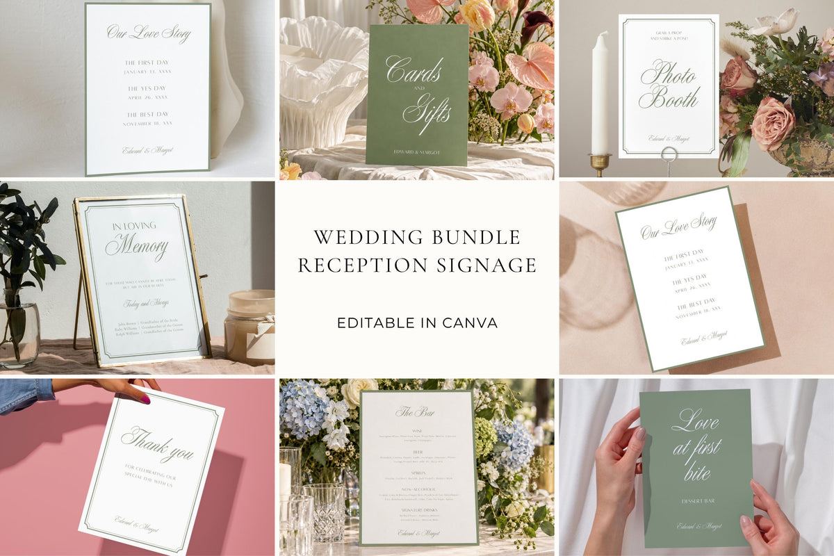 Sage green wedding signage bundle featuring elegant script fonts and classic borders, with editable Canva templates for reception tables, guestbook, bar menu and cards and gifts displays.