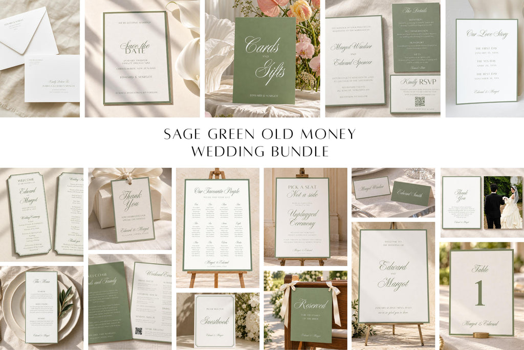Sage green old money wedding stationery bundle featuring elegant script invitations, welcome signage, seating chart, menus and table numbers, with coordinated ivory and green designs for a romantic garden wedding.