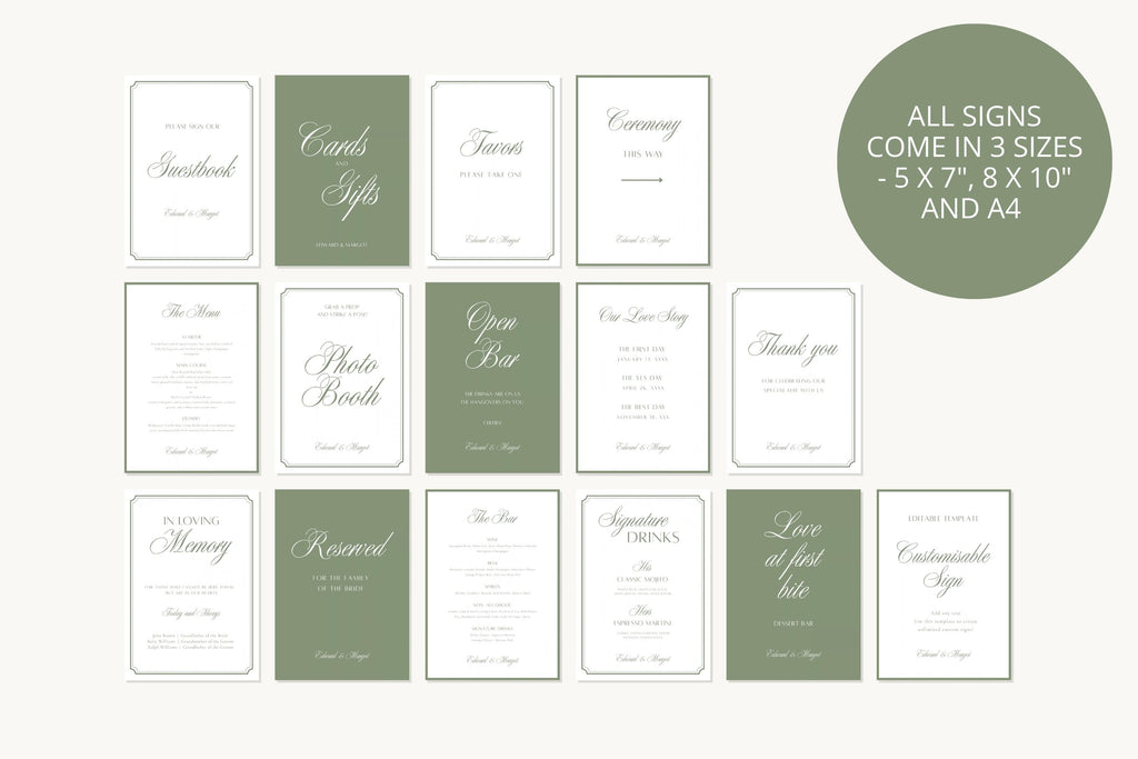 Collection of 15 coordinating sage green and white wedding sign templates, featuring romantic calligraphy and delicate borders in 5×7, 8×10 and A4 sizes for wedding reception styling.