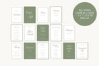 Collection of 15 coordinating sage green and white wedding sign templates, featuring romantic calligraphy and delicate borders in 5×7, 8×10 and A4 sizes for wedding reception styling.