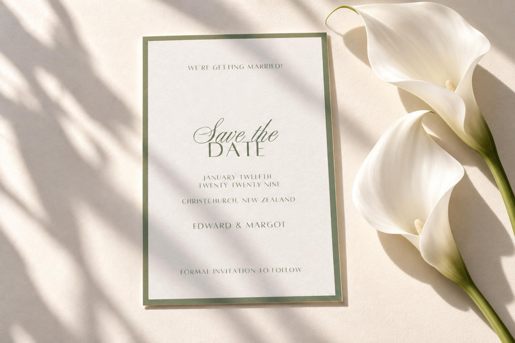 Elegant sage green save the date card beside white calla lilies with soft sunlight and shadows. Printable wedding announcement template with romantic script typography and a minimalist green border.