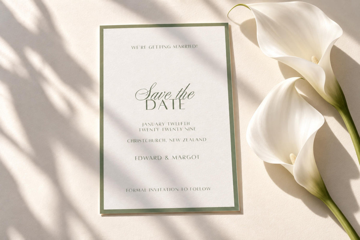 Elegant sage green save the date card beside white calla lilies with soft sunlight and shadows. Printable wedding announcement template with romantic script typography and a minimalist green border.