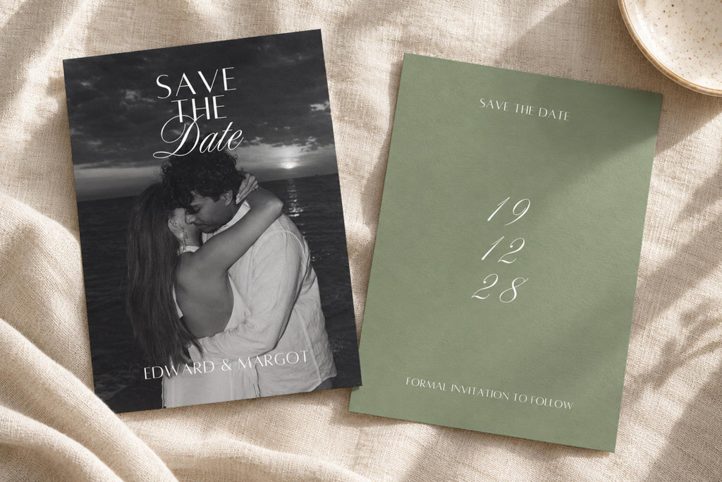 Sage green photo save the date template with black and white couple portrait and elegant script date, styled on ivory linen for an old money wedding stationery look.