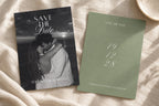 Sage green photo save the date template with black and white couple portrait and elegant script date, styled on ivory linen for an old money wedding stationery look.