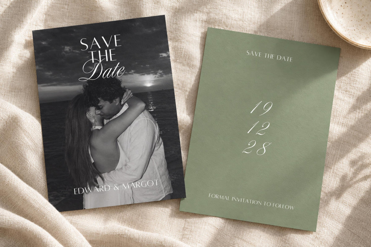 Sage green photo save the date template with black and white couple portrait and elegant script date, styled on ivory linen for an old money wedding stationery look.