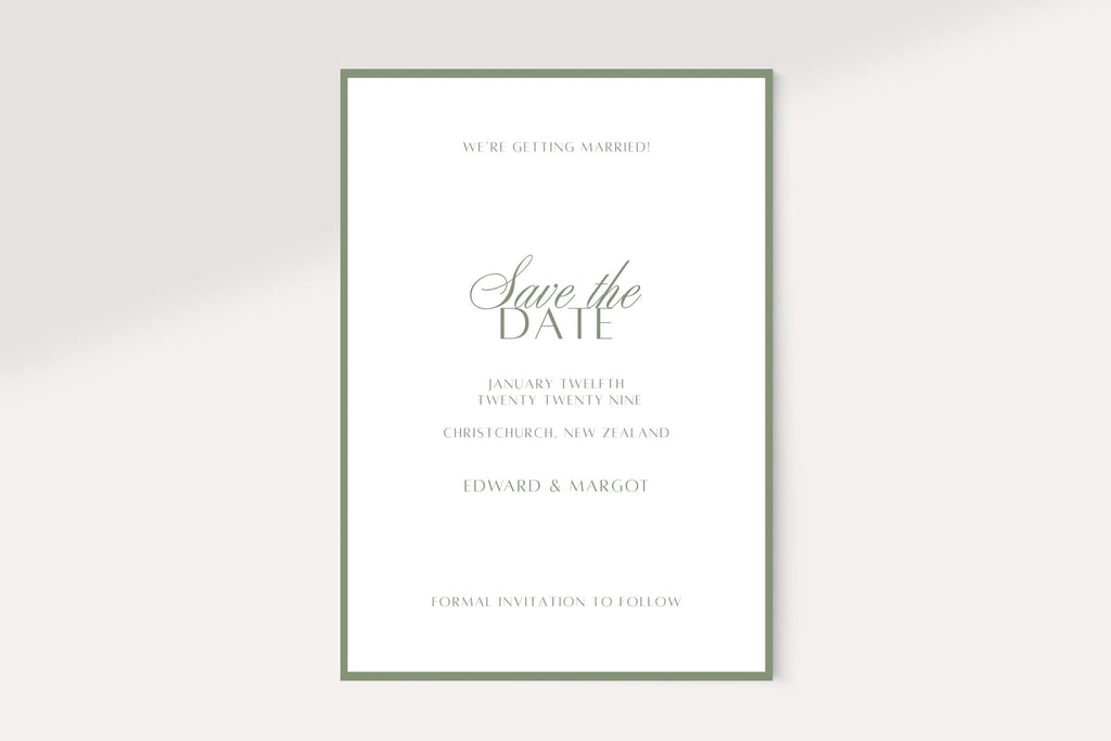 Minimalist sage green save the date wedding template shown against a plain light background. Classic portrait announcement card featuring a fine green border, script heading and personalised wedding details.
