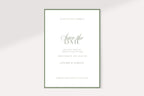 Minimalist sage green save the date wedding template shown against a plain light background. Classic portrait announcement card featuring a fine green border, script heading and personalised wedding details.