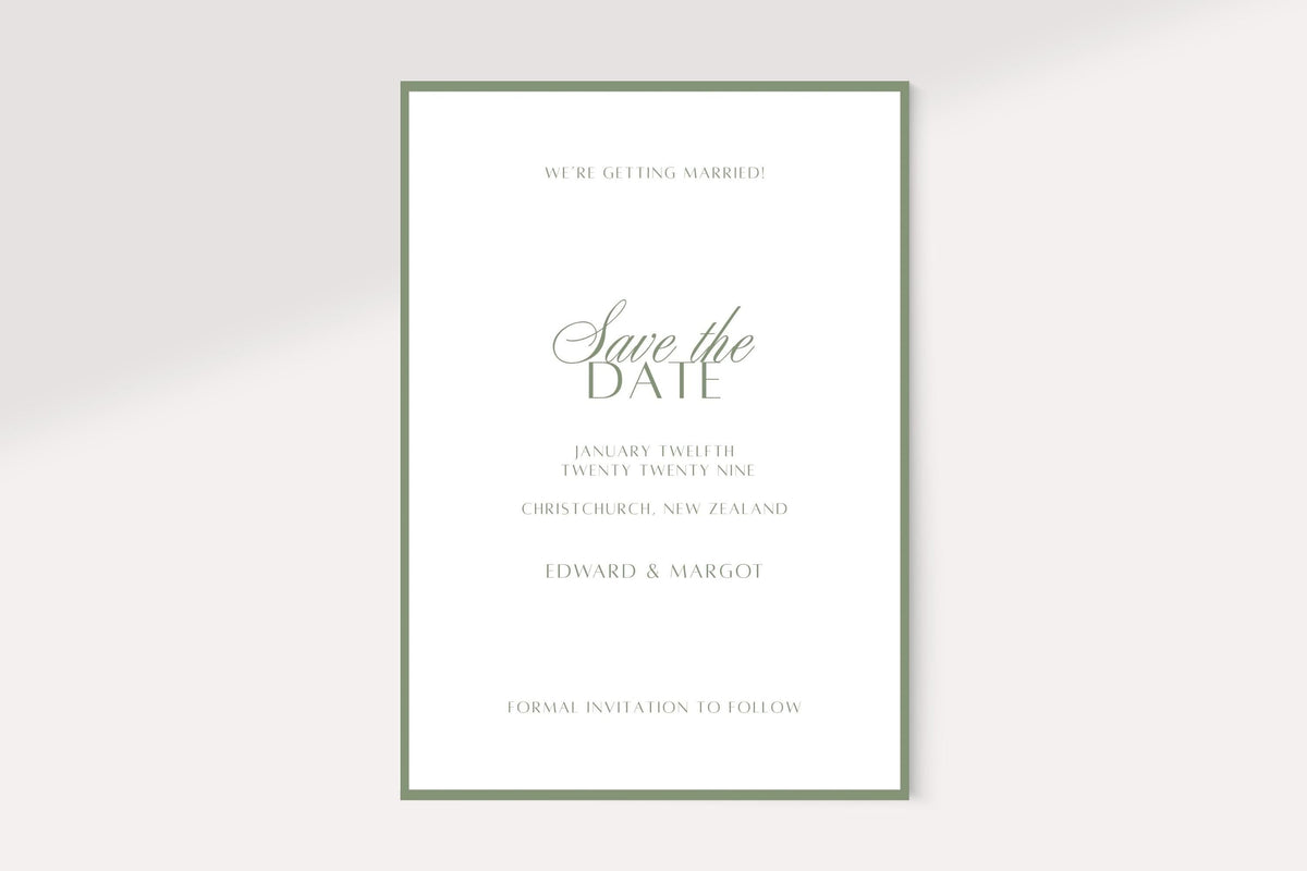 Minimalist sage green save the date wedding template shown against a plain light background. Classic portrait announcement card featuring a fine green border, script heading and personalised wedding details.