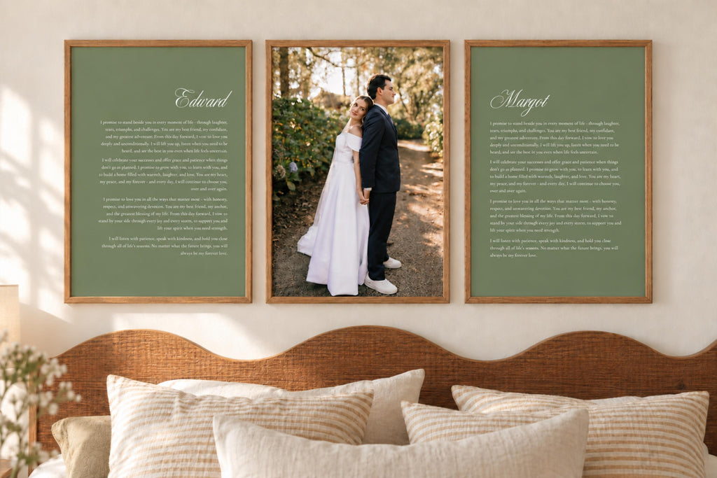 Sage green wedding vows keepsake prints framing a bride and groom photograph above a bed, featuring white script names and vow wording for personalised anniversary wall art.