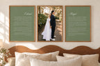 Sage green wedding vows keepsake prints framing a bride and groom photograph above a bed, featuring white script names and vow wording for personalised anniversary wall art.