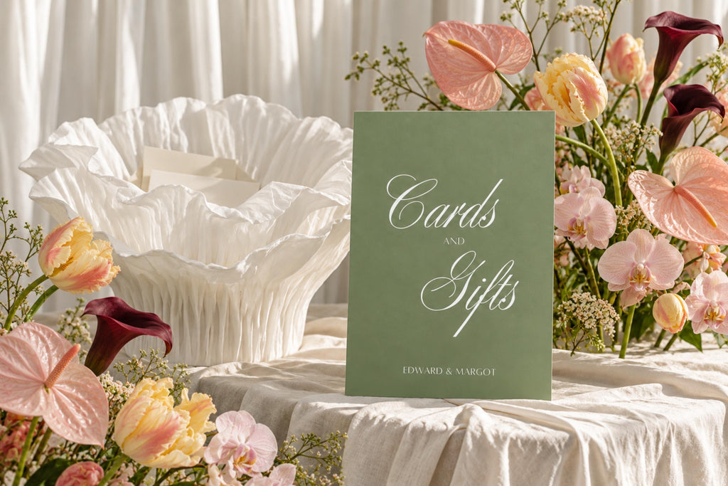 Sage green wedding cards and gifts sign with ivory calligraphy on a gathered satin reception table, styled beside a white ruffled card box and colourful flowers for an elegant old money wedding gift table.