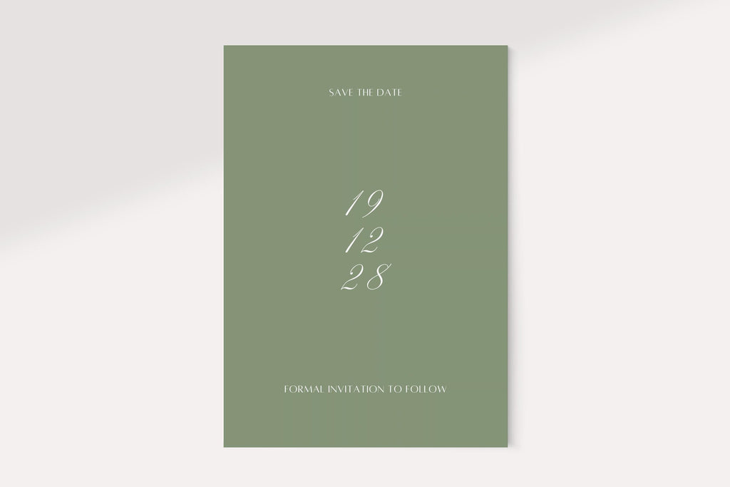 Minimalist sage green save the date card back with vertically stacked white script wedding date, small save the date heading and formal invitation to follow wording.