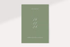 Minimalist sage green save the date card back with vertically stacked white script wedding date, small save the date heading and formal invitation to follow wording.