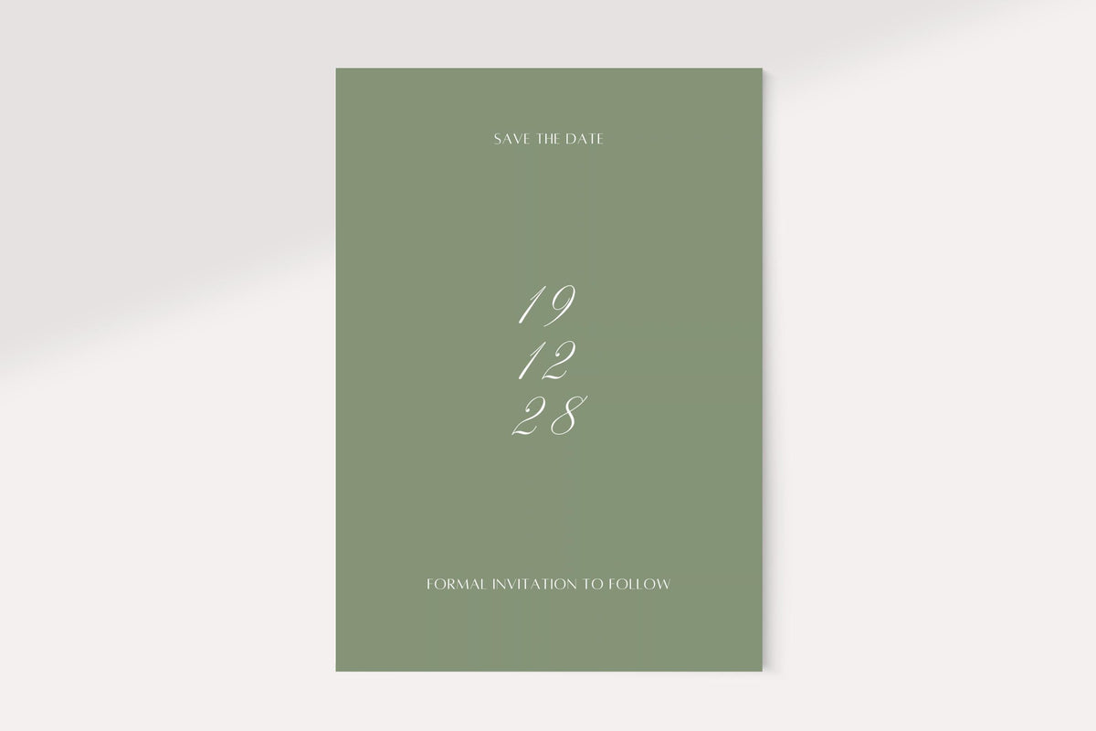 Minimalist sage green save the date card back with vertically stacked white script wedding date, small save the date heading and formal invitation to follow wording.