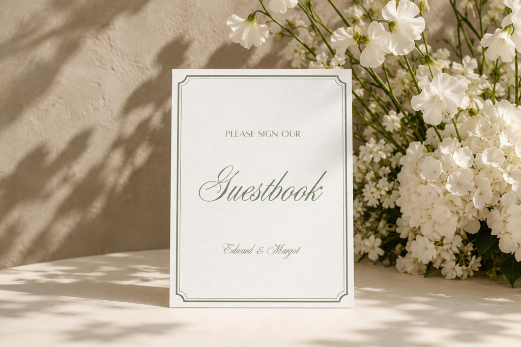 Please sign our guestbook wedding sign in sage green and ivory, displayed beside white flowers in a softly lit reception setting; editable wedding guestbook table sign.