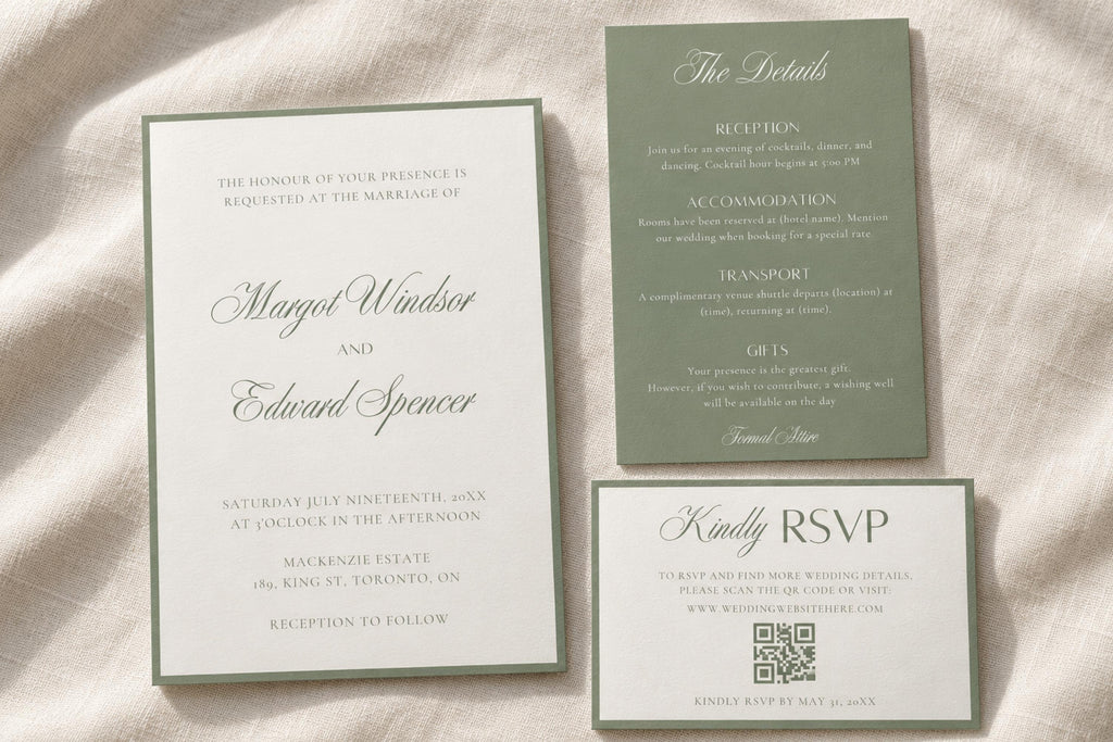 Sage green and ivory wedding invitation suite with a classic bordered invitation, green details card and QR code RSVP card, styled on textured fabric for a romantic old money wedding stationery flat lay.