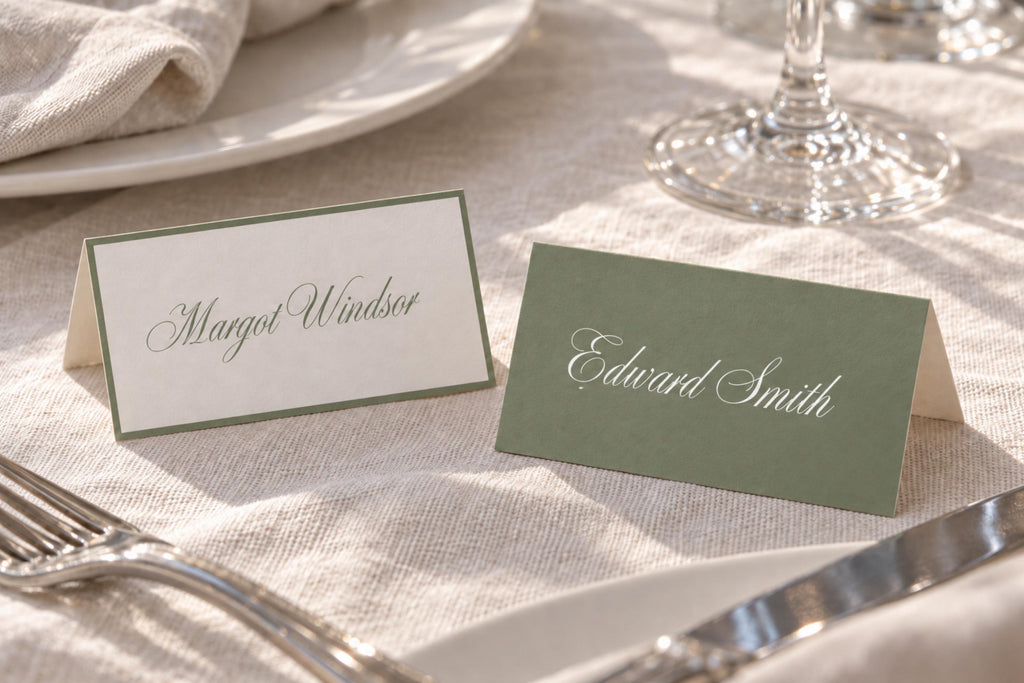 Folded sage green and ivory wedding place cards with contrasting script guest names, styled on a white reception table beside silver cutlery and crystal glassware for elegant old money wedding table decor.
