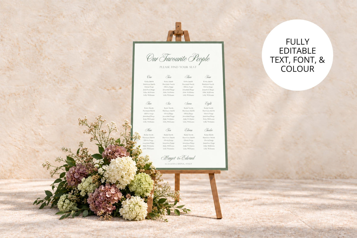 Sage green bordered wedding seating chart on a wooden easel beside soft pink and ivory flowers against a stone wall, with an elegant table layout and a label highlighting editable text, fonts and colours.
