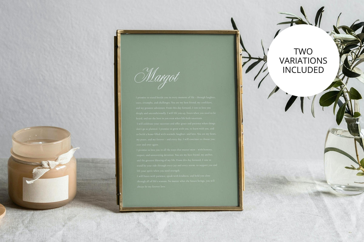 Sage green wedding vows keepsake print with white script lettering in a gold frame beside candles and greenery, showing a romantic colour variation for wedding anniversary home décor.
