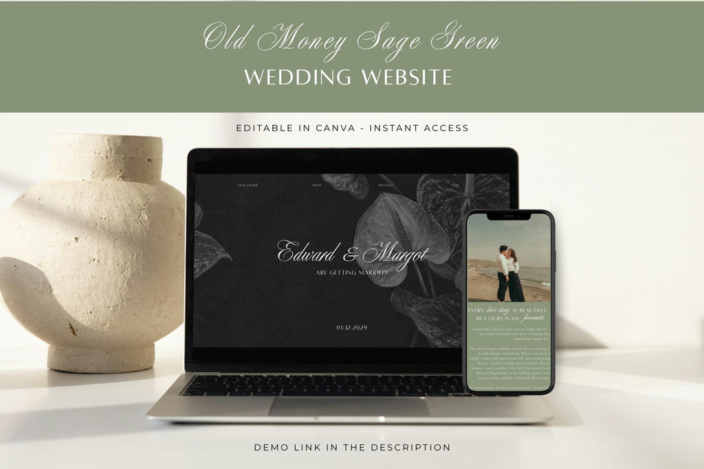 Old money sage green wedding website template displayed on a laptop and phone, featuring elegant script lettering and botanical artwork, editable in Canva.