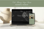 Old money sage green wedding website template displayed on a laptop and phone, featuring elegant script lettering and botanical artwork, editable in Canva.