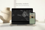 Matching sage green wedding website displayed on a laptop and mobile phone, featuring romantic black and white photography and elegant typography beside a cream ceramic vase.