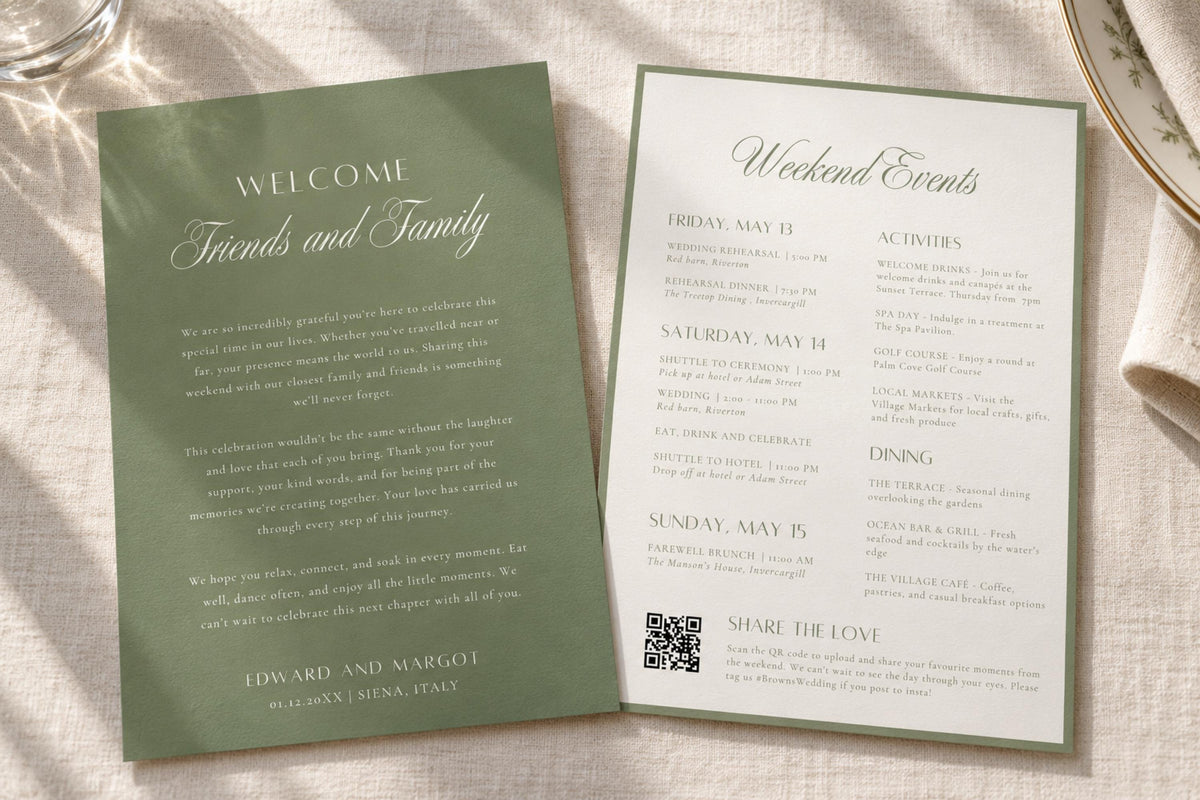 Editable wedding welcome letter and weekend events itinerary in sage green and ivory, styled on neutral linen with natural sunlight, classic serif typography and romantic calligraphy.
