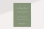 Sage green wedding welcome letter template featuring white serif text, a script friends and family heading and personalised couple names, ideal for destination wedding guest welcome bags.