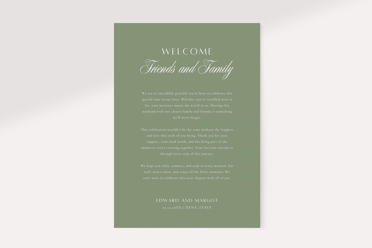 Sage green wedding welcome letter template featuring white serif text, a script friends and family heading and personalised couple names, ideal for destination wedding guest welcome bags.