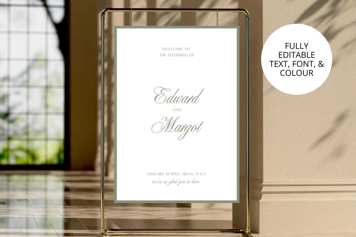 Sage green wedding welcome sign displayed in a gold stand with natural leaf shadows across a neutral wall. Classic old money wedding signage with a label highlighting fully editable text, font and colour.